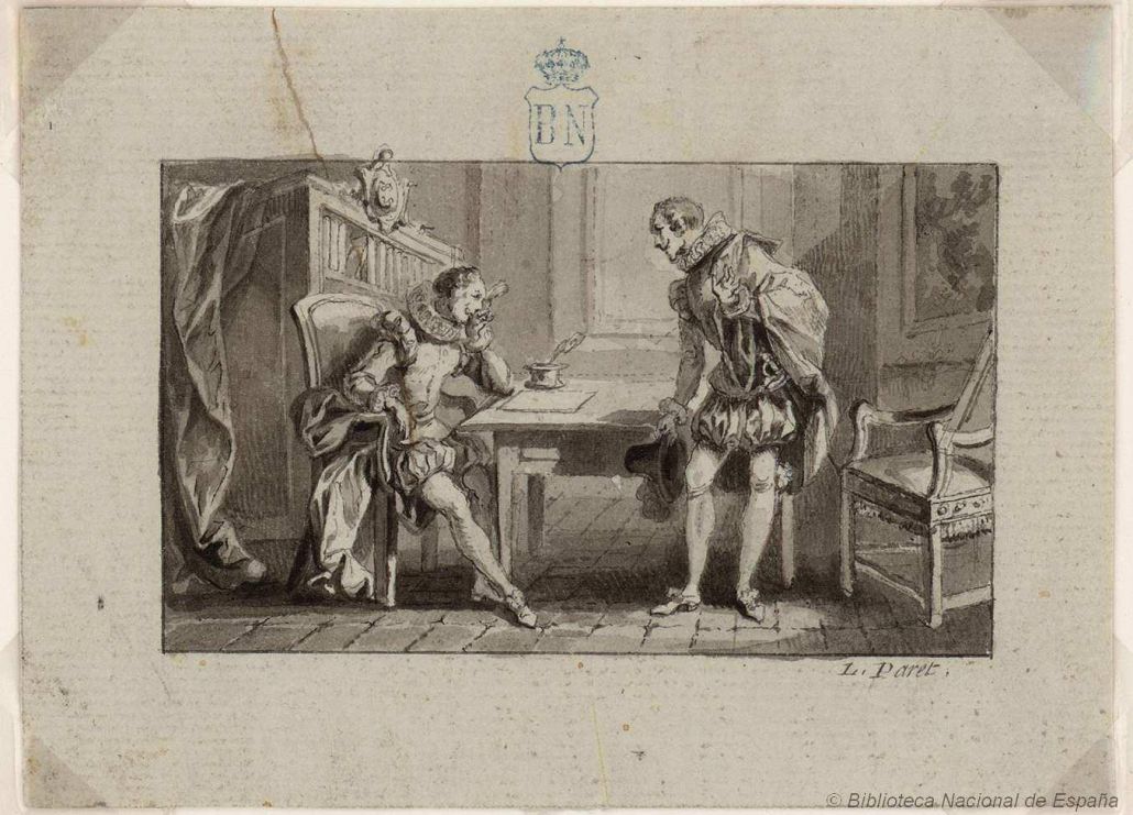 Grabado Cervantes escribiendo el prólogo del Quijote de Luis Paret. Biblioteca Nacional de España curiosidades de Miguel de Cervantes, vida de Cervantes, siglo de oro español, curiosidades del barrio de las letras